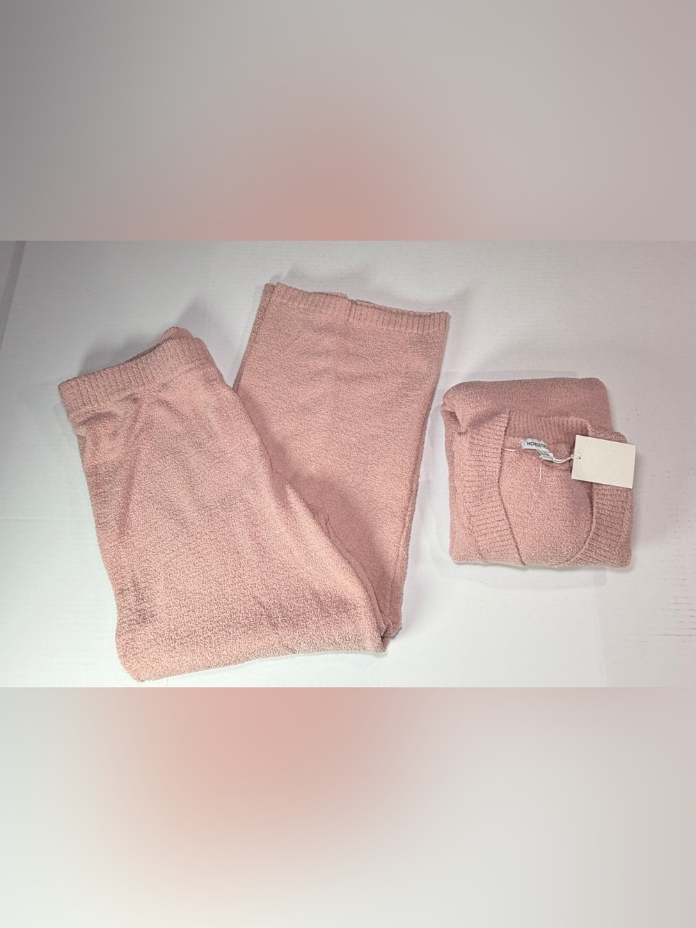 Nordstrom Pale Pink Fuzzy Knit lounge set terry cloth material